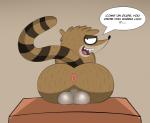 anthro anus backsack balls bedroom_eyes big_butt butt dialogue genitals half-closed_eyes huge_butt male narrowed_eyes perineum presenting presenting_anus presenting_hindquarters raised_tail seductive solo tail talking_to_viewer teeth text tongue martianboom cartoon_network regular_show rigby_(regular_show) mammal procyonid raccoon english_text