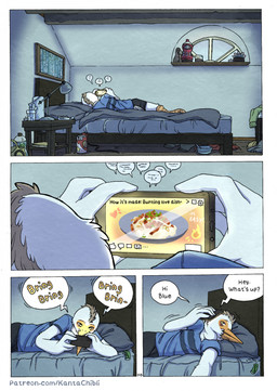 5_fingers anthro barefoot bed bedroom bottomwear cellphone clothed clothed_anthro clothed_male clothing depression dialogue discarded_clothing electronics feathers feet fingers furniture humanoid_hands lying lying_on_bed male on_bed on_side page_number phone phone_call shirt shorts smartphone solo speech_bubble text topwear white_body white_feathers kantachibli phillip_(kantachibli) avian bird heron pelecaniform comic english_text hi_res url