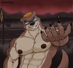 abs anthro blue_eyes body_hair brown_body dark_nipples evening fur glowing glowing_eyes hair long_tail looking_at_viewer male muscular muscular_male nails nipples nude pecs reaching_towards_viewer red_sky road road_sign sky smile solo standing tail text whiskers racingtime244 echo_(game) echo_(series) echo_project mr._bronson humanoid mammal mustelid otter