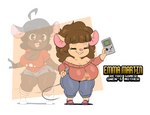 anthro big_breasts bottomwear breasts brown_hair buckteeth cleavage clothed clothing denim denim_bottomwear denim_clothing electronics eyelashes eyes_closed female footwear game_boy_console game_console hair hand_on_hip handheld handheld_console holding_console holding_game_boy holding_object huge_breasts jeans mature_anthro mature_female nintendo_console pants pink_inner_ear short_stack simple_background smile solo sweater teeth text thick_thighs topwear triforce triforce_clothing triforce_print joaoppereiraus game_boy game_boy_family gwen_geek nintendo the_legend_of_zelda emma_martin gwen_martin mammal mouse murid murine rodent 2021 digital_media_(artwork) english_text hi_res daughter_(lore) mother_(lore) mother_and_child_(lore) mother_and_daughter_(lore) parent_(lore) parent_and_child_(lore) parent_and_daughter_(lore)