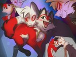 black_nose blue_eyes blush duo eye_contact feral fur leg_markings looking_at_another markings open_mouth open_smile red_body red_fur smile socks_(marking) tongue white_body white_fur hyilpi vixy_(hyilpi) canid canine fox mammal red_fox true_fox 2024 4:3 artist_name digital_drawing_(artwork) digital_media_(artwork)