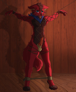 animal_ears anthro bdsm blue_eyes bondage bound brown_markings exposed kerchief lock male markings padlock red_body restraints rope rope_bondage rope_harness scarf solo spreader_bar spreading standing tongue tongue_out squllz_(artist) smoki canid canine canis mammal wolf 5:6 absurd_res hi_res