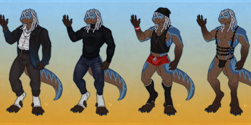 anthro athletic_wear blue_body blue_pawpads bottomwear brown_body chain_necklace chest_harness clothing denim denim_bottomwear denim_clothing dreadlocks emil_(itmeporps) fashion hair harness jeans jewelry leather leather_harness lingerie male necklace pants pawpads smile snaggle_teeth solo spats white_hair interkos dinosaur prehistoric_species reptile saurischian scalie theropod tyrannosaurid tyrannosauroid tyrannosaurus tyrannosaurus_rex hi_res model_sheet