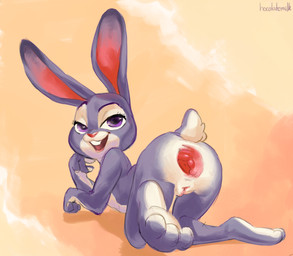 anthro anus arched_back big_ears buckteeth butt eyebrows female fluffy fluffy_tail gaping gaping_anus genitals looking_at_viewer looking_back looking_back_at_viewer pose raised_eyebrow seductive skinny smile smirk solo spread_legs spreading tail teeth vulva hocolatemilk disney zootopia judy_hopps lagomorph leporid mammal rabbit absurd_res hi_res pinup