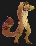 abs animal_genitalia anthro biceps big_tail claws collar digitigrade fangs feet fluffy fluffy_tail fully_sheathed fur genitals hair hindpaw knot long_tail male muscular muscular_anthro muscular_male nude paws pecs pose sabertooth_(anatomy) sheath simple_background solo stripes tail teeth neodokuro agentdiego007 artyom_(agentdiego007) felid hybrid mammal prehistoric_species saber-toothed_tiger hi_res pinup warm_colors