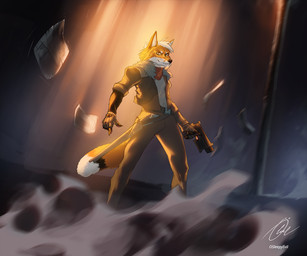 anthro black_body black_fur clothing coat cyberpunk fingerless_gloves fog fur gloves gun hair handwear male melee_weapon newspaper night orange_body orange_fur ranged_weapon solo street street_lamp sword topwear weapon white_body white_fur white_hair osleepyevil xander_stock canid canine fox mammal red_fox true_fox 6:5