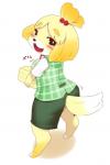 accessory anthro black_nose blonde_hair blush clothed clothing dress female fur hair hair_accessory looking_back open_mouth short_hair solo text uniform white_body white_fur yellow_body yellow_fur oohara_kyuutarou 大原 animal_crossing nintendo isabelle_(animal_crossing) canid canine canis domestic_dog mammal shih_tzu toy_dog japanese_text