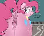 animal_genitalia animal_pussy anus blue_eyes cutie_mark dialogue dock_(anatomy) equid equine equine_genitalia equine_pussy female feral friendship_is_magic genitals hasbro hi_res horse looking_at_viewer looking_back mammal mane my_little_pony open_mouth pink_body pinkie_pie_(mlp) pony psychotix pussy raised_tail solo tail tail_anus talking_feral