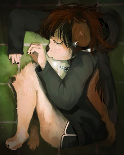 ambiguous_gender anthro barefoot black_bottomwear black_clothing black_hoodie black_nails black_shorts black_topwear bottomwear brown_hair clothed clothed_anthro clothing colored_nails ear_piercing eyelashes eyes_closed feet floor freckled_face freckles fur hair hoodie lying messy_hair nails on_side open_mouth piercing shorts sleeping solo tail tan_body tan_fur tile tile_floor topwear helucity joan_(salamanding) canid canine canis domestic_dog mammal digital_drawing_(artwork) digital_media_(artwork) english_description hi_res female_(lore)