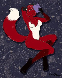 anthro black_body black_ears black_fur black_nose black_paws book female floppy_ears fluffy fluffy_tail fur hair inner_ear_fluff multicolored_body multicolored_fur nude purple_eyes red_body red_fur red_hair solo tail tuft white_body white_fur white_inner_ear_fluff dragonmelde jesam_(jesam) canid canine fox mammal red_fox true_fox absurd_res digital_media_(artwork) hi_res nonbinary_(lore) trans_(lore) trans_woman_(lore)