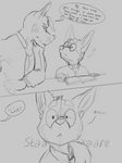 absurd_res anthro bully canid canine canis comic cory_(jessimutt) dialogue domestic_dog duo english_text great_dane herding_dog hi_res male male/male mammal mastiff molosser monochrome nerd pastoral_dog sinningfox sketch terrance_(jessimutt) text welsh_corgi