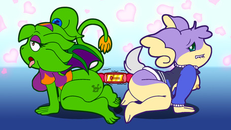 accessory all_fours anal anal_penetration anthro ass_to_ass bangs bedroom_eyes big_butt big_ears birthmark bite biting_lip blue_background bottomless butt claws clothed clothing curled_tail dildo double_dildo duo erect_nipples eyeshadow feathers female female/female fluffy_ears fur gradient_background green_body hair headband heart_bubble heart_symbol highlights_(coloring) jacket kneeling letterman_jacket long_tail looking_pleasured magenta_eyes makeup markings moan multicolored_body narrowed_eyes nipples object_in_ass orange_highlights partially_clothed penetration ponytail purple_body purple_clothing purple_eyeshadow purple_fur purple_shirt purple_topwear scut_tail seductive sex_toy sex_toy_in_ass sex_toy_insertion sharing_double_dildo sharing_sex_toy shirt short_tail side_view simple_background snout spread_wings tail tan_body tan_fur teal_eyes thick_thighs toe_claws tongue tongue_out topwear two_tone_body vibrator vibrator_in_ass wings spdy4 mythology nintendo pokemon arrow_(spdy4) arrow_the_dragon arrow_xiang_long maurice_(wotter16) audino couatl dragon eastern_dragon feathered_scalie feathered_snake generation_5_pokemon hybrid mythological_creature mythological_scalie pokemon_(species) reptile scalie snake 16:9 2018 colored_line_art flat_colors hi_res widescreen