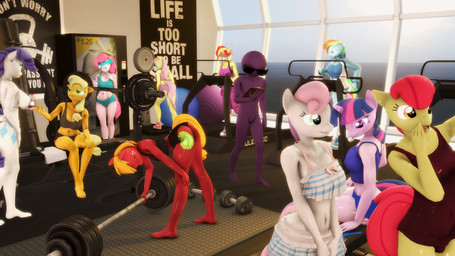anthro anthrofied breasts clothed clothing crossgender cutie_mark detailed_background female freckles fur green_eyes group gym hair horn long_hair midriff multicolored_hair navel open_mouth purple_body purple_eyes purple_fur purple_hair rainbow_hair skimpy text two_tone_hair indigosfm equestria_girls friendship_is_magic hasbro my_little_pony mythology anon apple_bloom_(mlp) applejack_(mlp) big_macintosh_(mlp) fluttershy_(mlp) pinkie_pie_(mlp) rainbow_dash_(mlp) rarity_(mlp) sunset_shimmer_(eg) sweetie_belle_(mlp) twilight_sparkle_(mlp) equid equine horse mammal mythological_creature mythological_equine pony unicorn 16:9 2016 3d_(artwork) 4k absurd_res digital_media_(artwork) hi_res source_filmmaker_(artwork) widescreen sibling_(lore) sister_(lore) sisters_(lore)