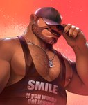 anthro arm_hair baseball_cap beard biceps body_hair brown_hair chest_hair clothing deltoids dog_tag_necklace dog_tags facial_hair grin hair hat hat_over_eyes headgear headwear humor low-angle_view male manly mature_male muscular mustache neck_hair nipple_outline nipples pecs shirt shoulder_hair smile solo tank_top text topwear highpups bear mammal 2024 absurd_res hi_res