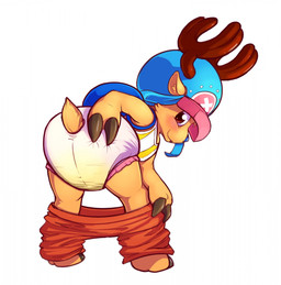 anthro backpack blush bodily_fluids bottomwear bottomwear_down brown_body brown_eyes brown_fur clothed clothing diaper fur genital_fluids hat headgear headwear hooves horn looking_at_viewer male pants pants_down partially_clothed shirt simple_background solo topwear unclean_diaper urine used_diaper wearing_diaper wet_diaper wetting white_diaper thesecretcave one_piece tony_tony_chopper deer mammal new_world_deer reindeer digital_media_(artwork) hi_res