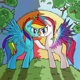 blonde_hair blue_body blue_eyes blue_feathers blue_hair blue_tail blush duo feathered_wings feathers female feral grass green_hair green_tail hair multicolored_body multicolored_feathers multicolored_hair multicolored_tail multicolored_wings orange_hair pink_body pink_eyes pink_feathers pink_hair pink_tail plant purple_body purple_feathers purple_hair purple_tail rainbow_hair rainbow_tail red_hair rock smile spread_wings sun tail two_tone_hair white_body white_feathers wings yellow_tail redi friendship_is_magic hasbro mlp_g5 my_little_pony mythology rainbow_dash_(mlp) zipp_storm_(mlp) equid equine mammal mythological_creature mythological_equine pegasus 1:1 digital_media_(artwork) hi_res signature