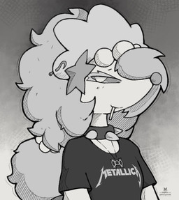 anthro breasts collar eyelashes female gem hair jewelry looking_at_viewer narrowed_eyes necklace object_in_mouth pearl_(gem) piercing simple_background small_breasts solo spiked_collar spikes starfish_(accessory) razgrizdl metallica nintendo pokemon krys_(razgrizdl) aquatic asterozoan echinoderm generation_7_pokemon pokemon_(species) primarina starfish 2025 hi_res monochrome signature