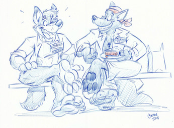 4_fingers 4_toes ankh ankh_necklace anthro barefoot bench biped bottomless bottomless_anthro bottomless_male bottomwear claws clothed clothed_anthro clothed_male clothing collared_shirt convention_badge countershade_face countershade_feet countershade_fur countershade_torso countershading crossed_legs dipstick_ears duo ear_markings ear_piercing ear_ring eyebrows feet finger_claws fingers food food_on_plate foot_focus front_view fur grinning_at_another hair hand_on_leg hand_on_own_leg headgear headkerchief headwear holding_food holding_object holding_plate humanoid_hands jewelry kerchief looking_at_another looking_at_foot looking_down looking_down_at_another male male_anthro markings monotone_background multicolored_ears name_tag necklace on_bench open_clothing open_mouth open_shirt open_smile open_topwear pants paper_bag pastry pawpads pie piercing plantigrade plate red_headkerchief red_kerchief ring_piercing rolled_up_sleeves shirt shirt_only short_hair simple_background sitting sitting_on_bench smile smiling_at_another tail teeth toe_claws toes tongue topwear topwear_only whisker_spots white_background cooner lupine_assassin teaselbone_(character) canid canine canis mammal wolf 2018 absurd_res blue_and_white hi_res monochrome signature sketch spot_color traditional_media_(artwork)