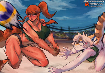 5_fingers aged_up anthro ball beach big_breasts big_tail blonde_hair blue_sky bone_frill breasts curvy_figure day duo eyelashes eyewear female fingers freckled_face freckles frill_(anatomy) glasses hair huge_hips huge_thighs long_hair long_tail multicolored_body multicolored_scales orange_body orange_hair orange_scales outside patreon_logo ponytail red_eyes scales short_hair sky spiked_tail spikes spikes_(anatomy) sport sunburn tail tan_body tan_skin text thick_thighs two_tone_body two_tone_scales volleyball volleyball_(ball) volleyball_uniform voluptuous voluptuous_anthro voluptuous_female voluptuous_humanoid white_body white_scales wide_hipped_anthro wide_hipped_female wide_hipped_humanoid wide_hips yellow_eyes deadassspider cavemanon_studios patreon snoot_game claire_(snoot_game) melissa_(snoot_game) dinosaur hadrosaurid human hybrid mammal ornithischian ornithopod parasaurolophus prehistoric_species reptile scalie 2025 artist_name digital_drawing_(artwork) digital_media_(artwork) hi_res watermark sibling_(lore) sister_(lore) sisters_(lore)