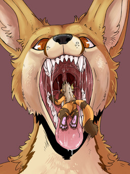 ambiguous_gender anthro black_nose bodily_fluids brown_body brown_fur cheek_tuft duo extreme_size_difference facial_tuft fangs front_view fur imminent_oral_vore imminent_vore in_mouth larger_ambiguous lying male male/ambiguous micro mouth_shot neck_tuft nude on_front on_tongue open_mouth orange_body orange_eyes orange_fur pink_tongue saliva saliva_string simple_background size_difference smaller_male tan_body tan_fur teeth tongue tuft unsigned uvula swampjaws canid canine fennec_fox fox mammal true_fox 3:4 absurd_res bust_portrait hi_res portrait