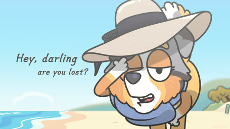 anthro big_ears clothing crouching detailed_background dialogue female fluffy fluffy_tail fur handkerchief hat headgear headwear kerchief looking_at_viewer multicolored_body multicolored_fur one_eye_closed open_mouth orange_body orange_fur solo tail talking_to_viewer topwear zankandreas bluey_(series) calypso_(bluey) australian_shepherd canid canine canis domestic_dog herding_dog mammal pastoral_dog sheepdog 16:9 4k absurd_res hi_res widescreen