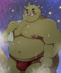 2022 5:6 anthro asian_clothing belly big_belly blush bodily_fluids bulge clothing east_asian_clothing fundoshi heart_eyes heart_symbol hi_res humanoid_hands japanese_clothing kemono male mammal moobs navel nipples overweight overweight_male pomupomu490 red_clothing red_fundoshi red_underwear solo steam suid suina sus_(pig) sweat towel towel_on_shoulder underwear wild_boar