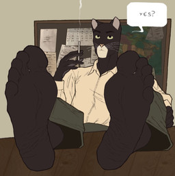 5_fingers 5_toes anthro barefoot black_body black_eyes black_fur cigarette feet fingers foot_fetish foot_focus fur humanoid_feet humanoid_hands male multicolored_body multicolored_fur pink_nose plantigrade smoke smoking soles solo speech_bubble toes two_tone_body two_tone_fur white_body white_fur wrinkled_feet wrinkles yellow_sclera iamcybordraws blacksad domestic_cat felid feline felis mammal