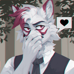 accessory anthro black_clothing black_necktie black_topwear black_vest cheek_tuft clothed clothing facial_tuft front_view fur hair heart_symbol inner_ear_fluff male neck_tuft necktie red_body red_eyes red_fur red_hair solo speech_bubble topwear tuft unsigned vest white_body white_clothing white_fur white_hair white_inner_ear_fluff white_topwear corzh77 canid canine canis mammal wolf 1:1 bust_portrait chromatic_aberration hi_res icon portrait
