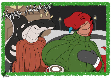 anthro big_breasts big_tail breasts clothed clothing duo female holidays huge_breasts hyper hyper_breasts tail text winter snapps amelia_(returnaddress) olivia_(returnaddress) cobra python reptile scalie snake animated english_text