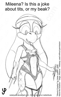 anthro beak clothed clothing cosplay crossover_cosplay dagger female flat_chested melee_weapon navel skimpy solo text weapon vederjuda mortal_kombat sega sonic_riders sonic_the_hedgehog_(series) mileena wave_the_swallow avian bird hirundinid oscine passerine swallow_(bird) 2009 5:8 black_and_white crossover english_text monochrome