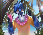 anthro beach beverage blue_body blue_feathers feathers holidays lemonade male palms sea solo summer sun sunny water millchi avian bird blue_jay corvid hybrid jay_(bird) new_world_jay oscine passerine absurd_res hi_res