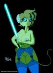 anthro betty_goldblum big_breasts biped black_background blue_lightsaber breasts clothed clothing dark ear_piercing female garter_belt garter_straps genitals hi_res holding_object holding_weapon lightsaber mammal melee_weapon mouse murid murine partially_clothed piercing pleasure_bon_bon portrait pussy rodent simple_background solo standing star_wars three-quarter_portrait toddrogue69 weapon