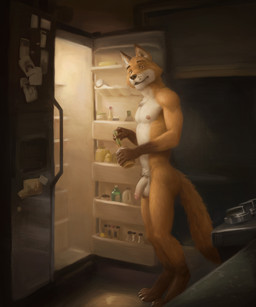 anthro appliance areola balls bulge casual_nudity container digitigrade exposure_variation feet fingers flaccid food foreskin fridge fur genitals holding_container holding_object humanoid_genitalia humanoid_penis kitchen kitchen_appliance looking_at_viewer male midnight_snack nipples nude nude_anthro nude_male nudist pecs penis smile solo standing tail toes orcfun canid canine canis fox mammal 5:6 digital_media_(artwork) hi_res