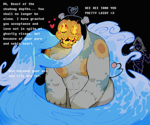 anthro biped blue_body blush dialogue duo eyes_closed female for_a_head green_body hand_on_cheek kissing_cheek male male/female multicolored_body open_mouth open_smile orange_body pumpkin_head smile text water white_body dustifang deltarune undertale_(series) jackenstein miss_mizzle darkner elemental_creature humanoid mizzle_(deltarune) object_head water_creature 2025 digital_media_(artwork) english_text hi_res