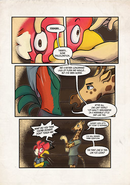 anthro beak dialogue duo fantasy male male/male navel simple_background text zaryuzu_73 dungeons_and_dragons hasbro wizards_of_the_coast dabari_(zaryuzu_73) fern_(zaryuzu_73) avian bird chicken galliform giraffe giraffid mammal phasianid comic digital_media_(artwork) english_text hi_res