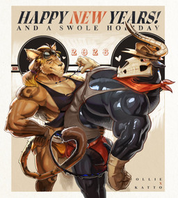 2_horns 5_fingers abs anthro biceps big_muscles big_pecs bone clothing fingers gloves handwear horn huge_pecs humanoid_hands interspecies male male/male muscular muscular_anthro muscular_male muscular_thighs nipples pecs skull skull_head jyrocopter new_year_2026 bovid bovine cattle mammal 2026 colored hi_res
