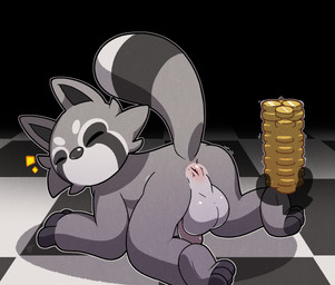 all_fours anthro anus backsack balls bar_emanata big_balls butt clothing coin_stack disembodied_hand emanata genitals gloves handwear imminent_anal imminent_penetration looking_at_viewer looking_back looking_back_at_viewer male penis presenting presenting_anus presenting_hindquarters raised_tail solo tail argon_vile raccoin robin_(raccoin) mammal procyonid raccoon hi_res