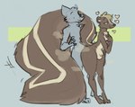 animal_genitalia anthro balls big_tail blue_background brown_body brown_fur duo flirting fully_sheathed fur genitals green_background hand_on_chest heart_symbol huge_tail male male/male musk musk_clouds musky_body seductive sheath simple_background smelly stink_fumes tail tail_around_partner tan_body tan_fur thick_thighs vanillayote vanilla_(vanillayote) mammal mephitid skunk