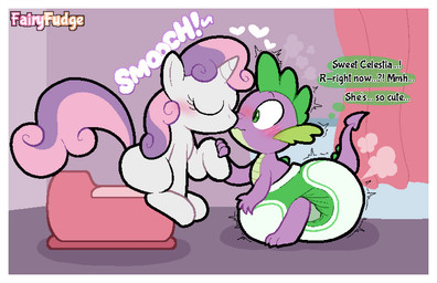 anthro big_diaper blush border chair clothed clothing curtains dialogue diaper diaper_fetish duo eyelashes eyes_closed female feral furniture heart_symbol horn kiss_on_lips kissing male male/female on_chair potty potty_chair purple_body sitting sitting_on_chair sound_effects tail text thought_bubble tremble_spikes wearing_diaper white_body white_border wide_eyed young young_female fairyfudge friendship_is_magic hasbro my_little_pony mythology spike_(mlp) sweetie_belle_(mlp) dragon equid equine horse mammal mythological_creature mythological_equine mythological_scalie pony scalie unicorn artist_name digital_media_(artwork) english_text