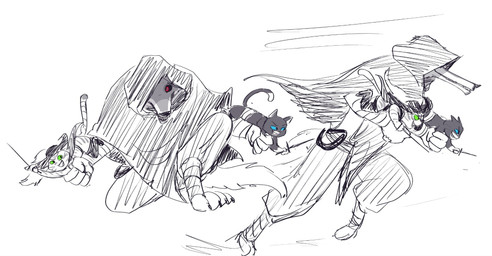 anthro bisexual blue_eyes claws clothed clothing female green_eyes group happy kneeling male male/female male/male mmf polyamory red_eyes running size_difference smile trio weapon ultimatellurker dreamworks puss_in_boots_(franchise) death_(puss_in_boots) kitty_softpaws puss_in_boots_(dreamworks) canid canine canis domestic_cat felid feline felis mammal tabby_cat wolf hi_res