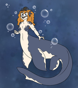 beret blue_body blue_scales breasts bubble clothing featureless_breasts female fin flippers hair hat head_fin headgear headwear long_hair orange_hair scales solo split_form tail teeth tooth_gap kosmokitty animal_humanoid aquatic aquatic_taur humanoid loch_ness_monster merfolk reptile reptile_humanoid scalie scalie_humanoid taur absurd_res hi_res