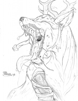 anthro antlers blindfold bodily_fluids fangs female fur horn open_mouth saliva saliva_on_tongue saliva_string solo teeth tongue tongue_out marcushunter bloodborne fromsoftware sony_corporation sony_interactive_entertainment vicar_amelia 2018 hi_res monochrome signature
