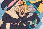 anthro belt biped black_clothing black_dress breasts cleavage clothed clothing costume dress eyes_closed eyewear female glasses green_eyes group hair hat headgear headwear looking_at_viewer pink_belt puffy_sleeves purple_hair round_glasses trio wearing_glasses witch_costume witch_hat sori0414 canid canine canis domestic_dog mammal hi_res
