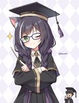 braided_hair crossed_arms eyewear female glasses gown graduation_cap green_eyes hair necktie one_eye_closed pigtails pointer smile wink mauve_(artist) cygames princess_connect! princess_connect!_re:dive karyl_(princess_connect!) animal_humanoid cat_humanoid felid felid_humanoid feline feline_humanoid humanoid mammal mammal_humanoid 2023