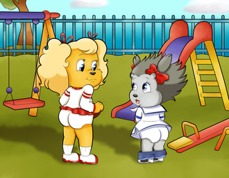 anthro bottomwear bottomwear_down clothed clothing clothing_lift day duo female footwear outside panties pants pants_down partially_clothed playground shoes skirt skirt_lift smile underwear young mirashefreak03 the_get_along_gang dotty_dog portia_porcupine canid canine mammal porcupine rodent absurd_res hi_res