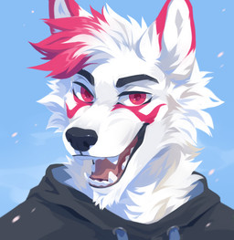 anthro black_clothing black_eyebrows black_hoodie black_topwear blue_background cheek_tuft chin_tuft clothed clothing dipstick_ears ear_markings eyebrows facial_tuft fangs fur hair hoodie looking_at_viewer male multicolored_ears neck_tuft open_mouth open_smile pupils red_eyes red_hair red_pupils red_tongue simple_background smile solo teeth tongue topwear tuft unsigned white_body white_eyes white_fur white_hair white_inner_ear corzh77 canid canine canis mammal wolf 2020 bust_portrait hi_res portrait