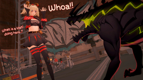 ambiguous_feral ambiguous_gender belt black_body black_bottomwear black_clothing black_fingerless_gloves black_gloves black_handwear black_jacket black_legwear black_shirt black_skirt black_thigh_highs black_topwear blonde_hair blush bottomwear breasts brick brick_wall clothed clothing crop_top cropped_jacket dialogue duo dutch_angle eyeless eyewear eyewear_on_head female female_human feral fingerless_gloves glasses glasses_on_head gloves graffiti graffiti_on_wall hair handwear jacket knee_pads ladder legwear looking_at_another medium_breasts midriff moan motorcycle on_model open_clothing open_jacket open_mouth open_topwear outside pigtails quadruped red_eyes scared sharp_teeth shirt short_hair skirt standing street surprised teeth text thigh_highs topwear vehicle ventral_groove wall_(structure) nightsolace mihoyo zenless_zone_zero burnice_white hati_(zzz) ethereal_(zzz) human mammal 16:9 2026 3d_(artwork) digital_media_(artwork) english_text hi_res widescreen