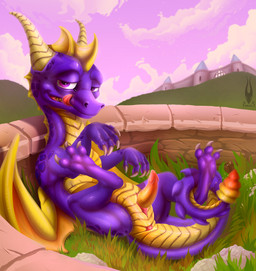 anus belly castle claws cloud erection feral genitals grass horn looking_at_viewer lying male membrane_(anatomy) membranous_wings on_back penis plant presenting purple_body purple_eyes red_anus red_penis scales sky smile solo spikes spread_legs spreading stone_wall tail tongue wall_(structure) wings yellow_belly yellow_penis firael activision european_mythology mythology spyro_the_dragon spyro dragon mythological_creature mythological_scalie scalie western_dragon absurd_res hi_res