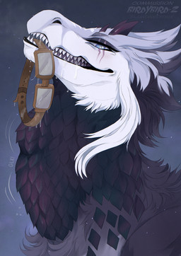 ambiguous_feral ambiguous_gender blue_eyes bodily_fluids eyewear feral goggles grey_body looking_at_viewer narrowed_eyes neck_bulge object_in_mouth open_mouth oral_vore pupils purple_body saliva saliva_string sharp_teeth side_view simple_background slit_pupils solo teeth vore santanahoffman species_request