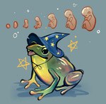 ambiguous_gender blep clothing duo feet feral fetus green_body green_skin hat headgear headwear simple_background sitting star toes tongue tongue_out wizard_hat feefal amphibian frog human mammal hi_res